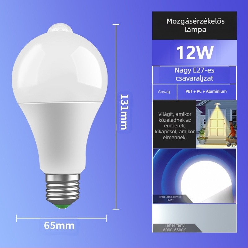 LED szenzoros lámpa, E27 foglalat, 85-265V, 180° fénysugár, IP30, PF 0.6