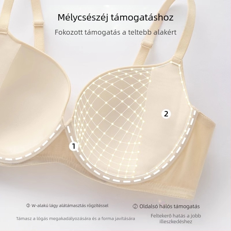 Varratlan melltartó, puha acélgyűrű, teljes kosár, vékony öntött kosár, push-up, nylon anyag, fix kétpontos vállpánt, hátul három sor csat