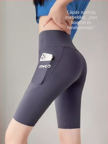 Női cropped leggings magas derékkal és oldalsó zsebekkel, lélegző poliészterből, szövegnyomású mintával, nyárra és sporthoz