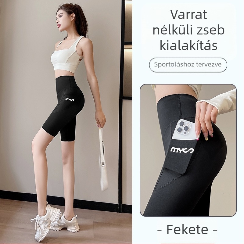 Női cropped leggings magas derékkal és oldalsó zsebekkel, lélegző poliészterből, szövegnyomású mintával, nyárra és sporthoz