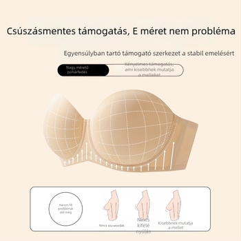 Női melltartó vállpánt nélküli, puha acélgyűrűvel, push-up hatás, félkosár, vékony formázott kosár, hátul négy sor rögzítés