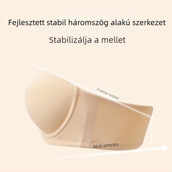 Női melltartó vállpánt nélküli, puha acélgyűrűvel, push-up hatás, félkosár, vékony formázott kosár, hátul négy sor rögzítés