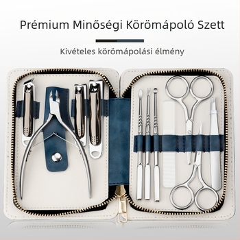 Cipzáros táskában lévő rozsdamentes acél körömvágó készlet — hordozható manikűr készlet sík- és ferde szájú körömvágókkal, körömárok fogóval és többfunkciós csipesszel.