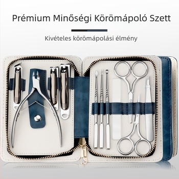 Cipzáros táskában lévő rozsdamentes acél körömvágó készlet — hordozható manikűr készlet sík- és ferde szájú körömvágókkal, körömárok fogóval és többfunkciós csipesszel.