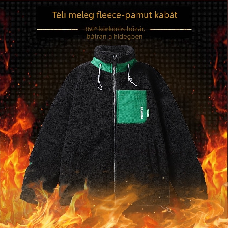 Férfi pamut töltésű kabát téli viselet, fleece-beléssel, cipzáras zárás, álló gallér, poliészter töltő- és bélésanyag.