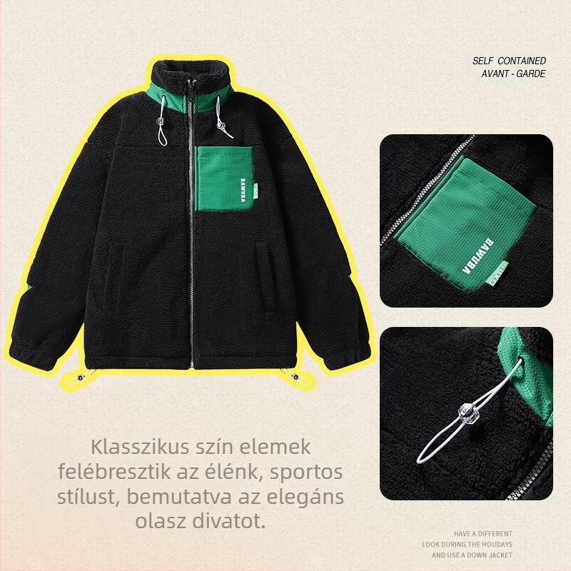 Férfi pamut töltésű kabát téli viselet, fleece-beléssel, cipzáras zárás, álló gallér, poliészter töltő- és bélésanyag.