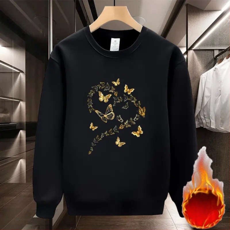 Uniszex kerek nyakú fleece pulóver, laza szabás, hosszú ujjak, pillangó-szív mintás nyomat