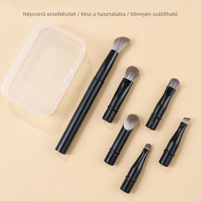 Sminkecset készlet 6 cserélhető fejjel, műanyag nyéllel, műszálas sörték, a szálak hossza 10–15 mm, a teljes hossz 110 mm