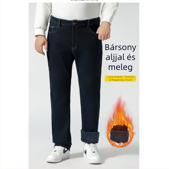 Vintage egyenes szárú farmernadrág, fleece-beléssel téli denim, középmagas derekú, cipzáras záródás, több zseb
