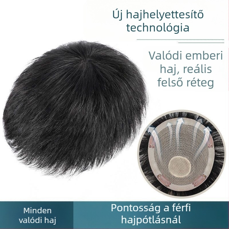 Férfi valódi hajból készült mechanizmusos paróka, rövid hajvágás, festhető és dauerolható, elfedi a kopaszodást