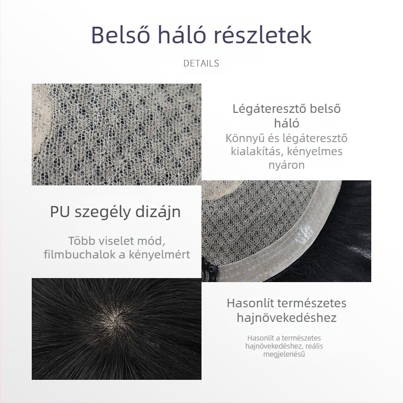 Férfi valódi hajból készült mechanizmusos paróka, rövid hajvágás, festhető és dauerolható, elfedi a kopaszodást