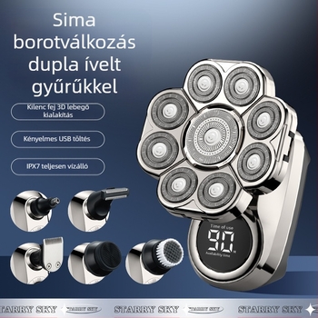 Elektromos borotva forgó többfejű fejjel (>4), beépített 500–800 mAh akkumulátor, 2 órás üzemidő, teljesen mosatható