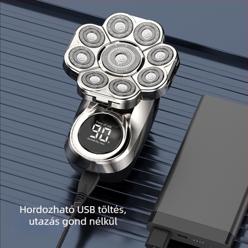 Elektromos borotva forgó többfejű fejjel (>4), beépített 500–800 mAh akkumulátor, 2 órás üzemidő, teljesen mosatható