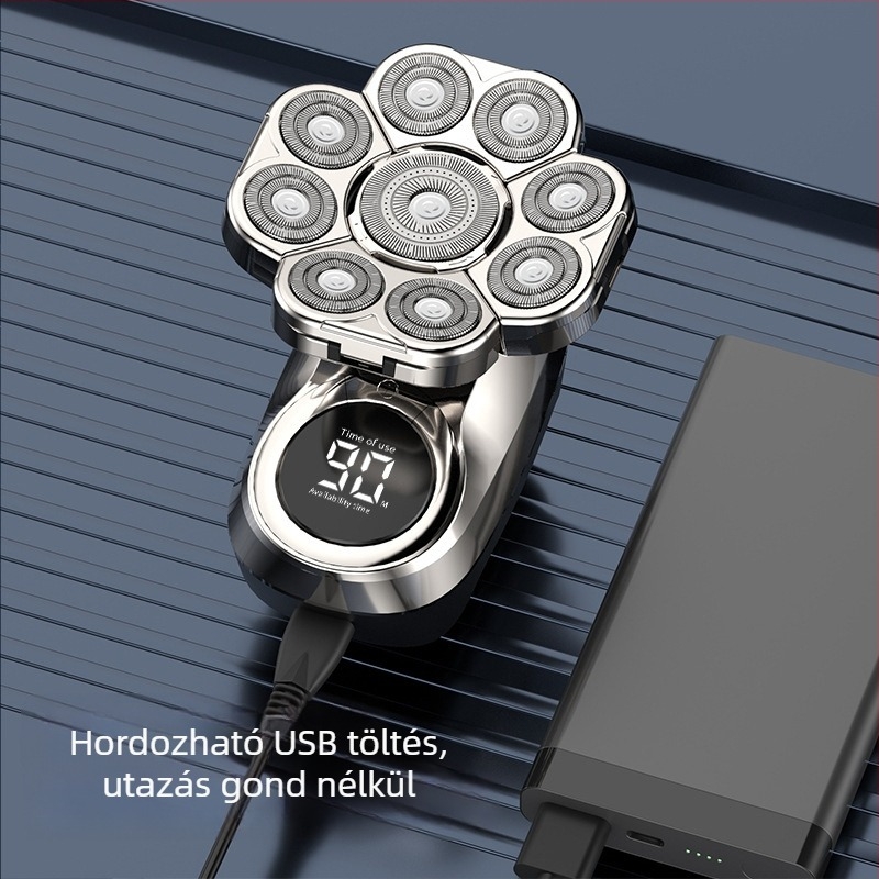 Elektromos borotva forgó többfejű fejjel (>4), beépített 500–800 mAh akkumulátor, 2 órás üzemidő, teljesen mosatható