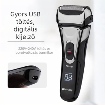 Teljes testű elektromos borotva egész testhez, vízálló, USB töltés, előre-hátra mozgó három pengés fej, beépített 800-1000 mAh akkumulátor, üzemidő 60 perc felett, max teljesítmény 3W