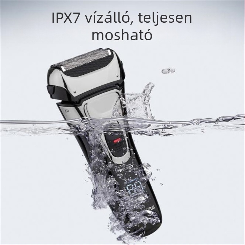 Teljes testű elektromos borotva egész testhez, vízálló, USB töltés, előre-hátra mozgó három pengés fej, beépített 800-1000 mAh akkumulátor, üzemidő 60 perc felett, max teljesítmény 3W