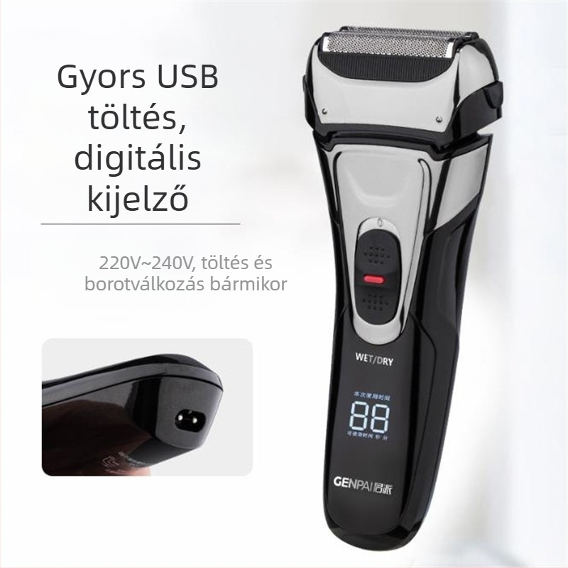Teljes testű elektromos borotva egész testhez, vízálló, USB töltés, előre-hátra mozgó három pengés fej, beépített 800-1000 mAh akkumulátor, üzemidő 60 perc felett, max teljesítmény 3W