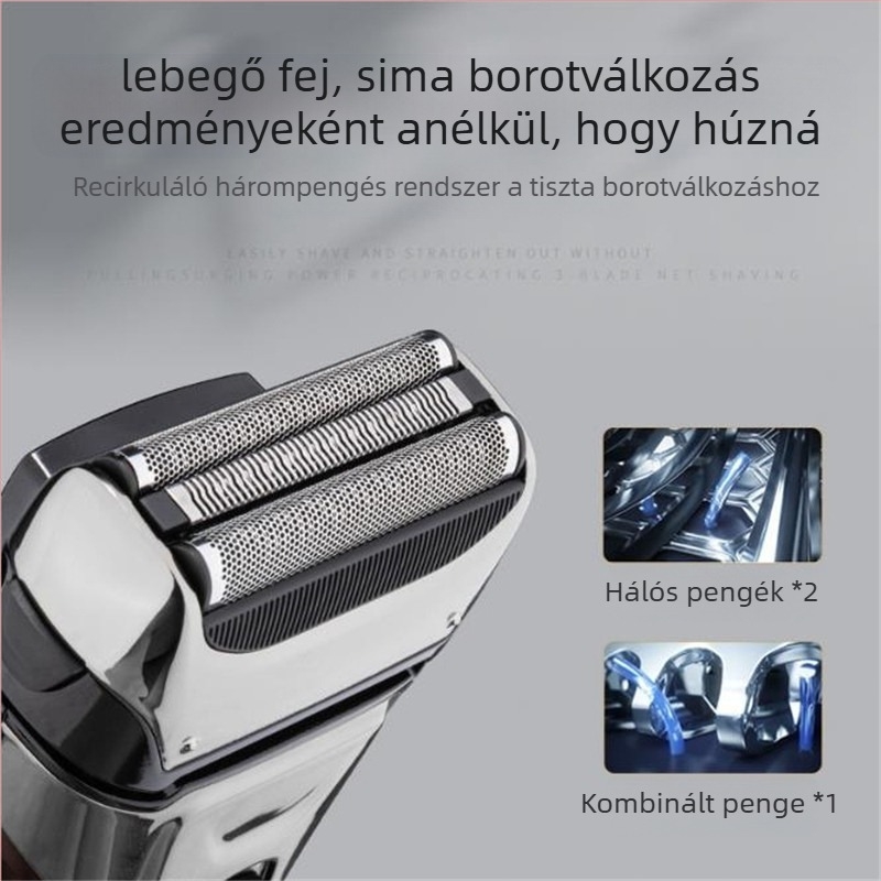 Teljes testű elektromos borotva egész testhez, vízálló, USB töltés, előre-hátra mozgó három pengés fej, beépített 800-1000 mAh akkumulátor, üzemidő 60 perc felett, max teljesítmény 3W