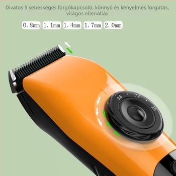 USB-ról tölthető hajvágó brushless motorral, kerámiapengével, beépített akkumulátor 1200–2000 mAh, üzemidő 1–3 óra, vízálló, cserélhető pengével