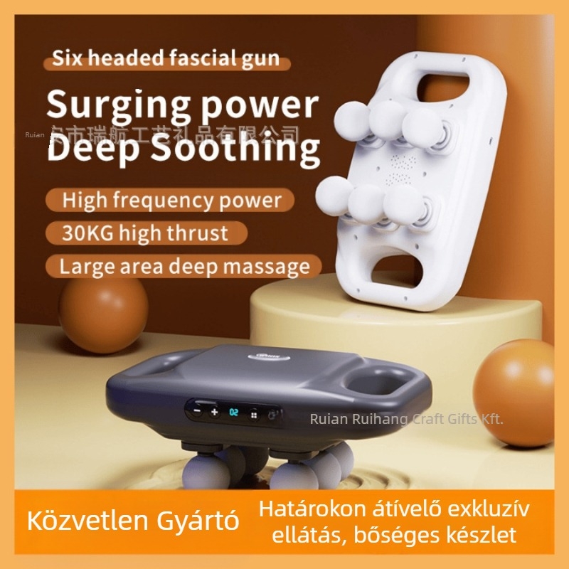 Fascia masszírozó 6 fejjel, professzionális szintű, brushless motorral, LCD kijelzővel, 5+ sebességfokozattal, beépített akkumulátor 1200–2000 mAh