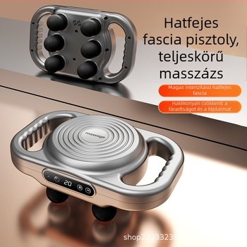 hatfejű fascia masszírozó mélyszöveti masszázshoz, kézi masszázs brushless motorral, beépített 2000–4000 mAh akkumulátor, LCD-kijelző többfokozatú szabályozással, zaj 36 dB alatt