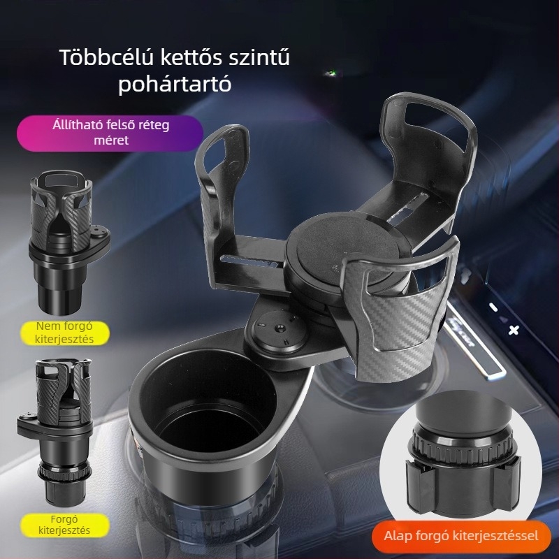 Forgó, kétszintes pohártartó az autó középkonzoljához, alátéttel – ABS, Modell 123, Műszerfal