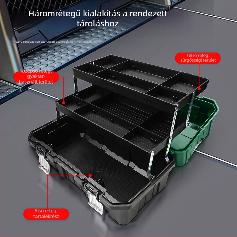 Műanyag szerszámosláda háromrétegű összecsukható kialakítással, nagy kapacitás
