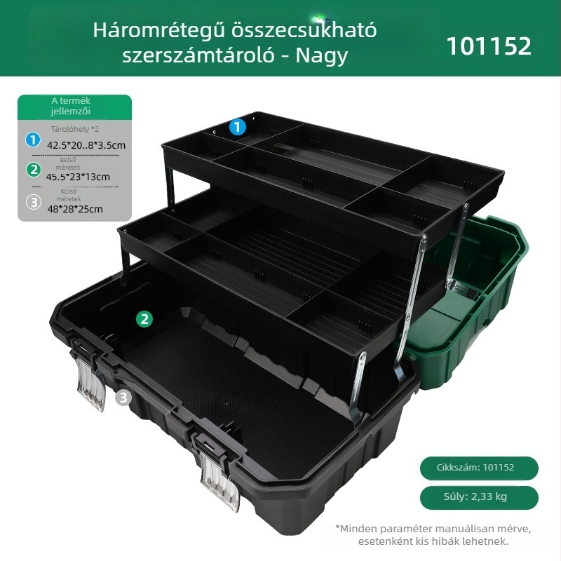 Műanyag szerszámosláda háromrétegű összecsukható kialakítással, nagy kapacitás