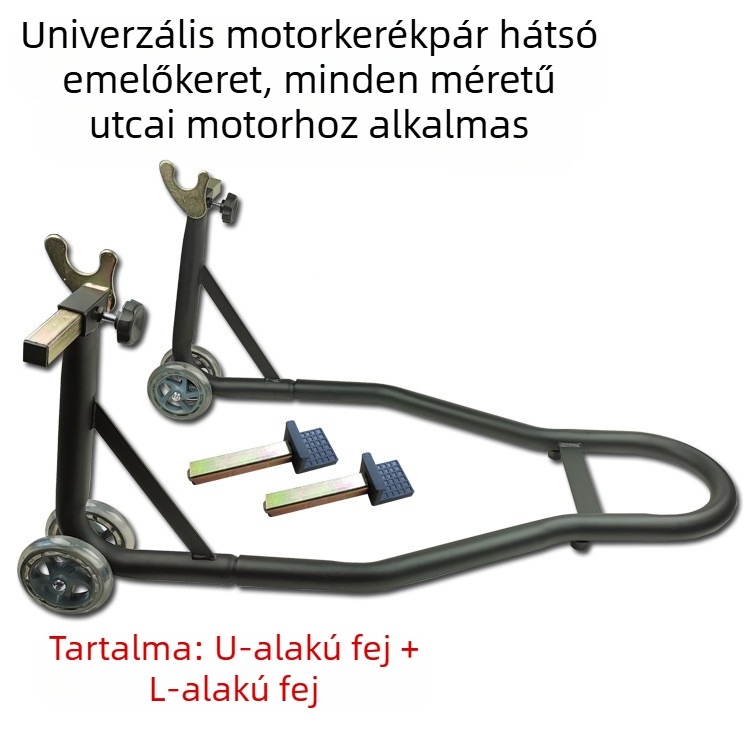 Motorkerékpár parkoló állvány tartókerettel, hátsó kerék rögzítő berendezés és javító eszköz