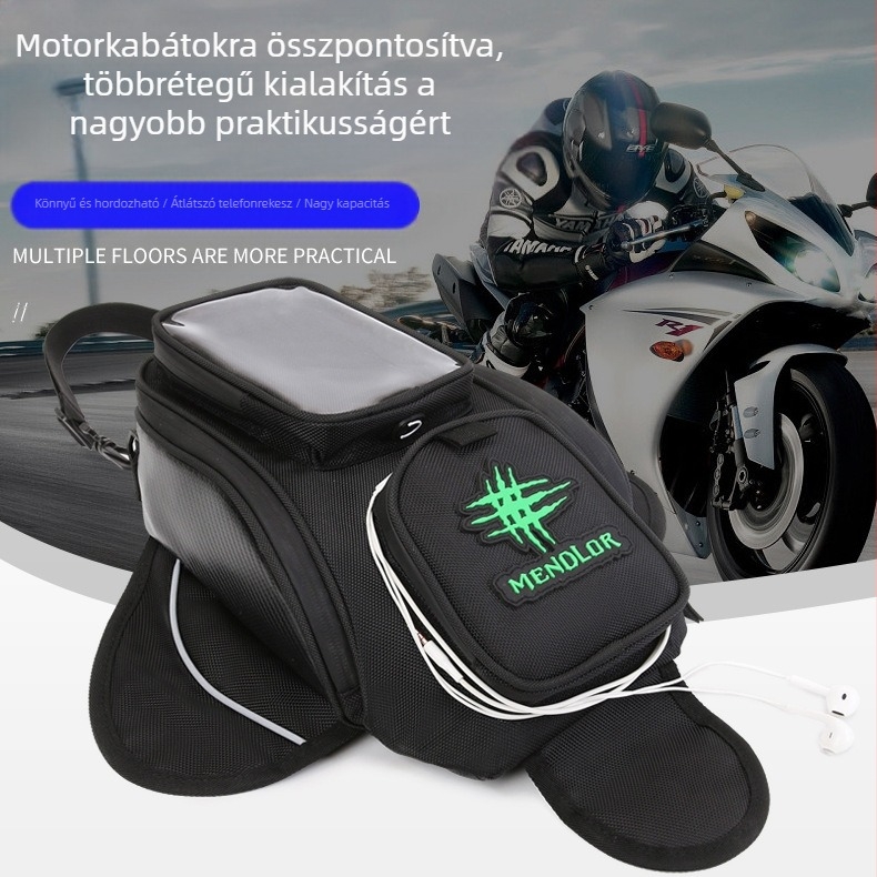 Motorkerékpár üzemanyag-tank táska, vízálló, fülhallgatónyílással, mágneses zár, navigációs táska nagy képernyővel, testreszabható