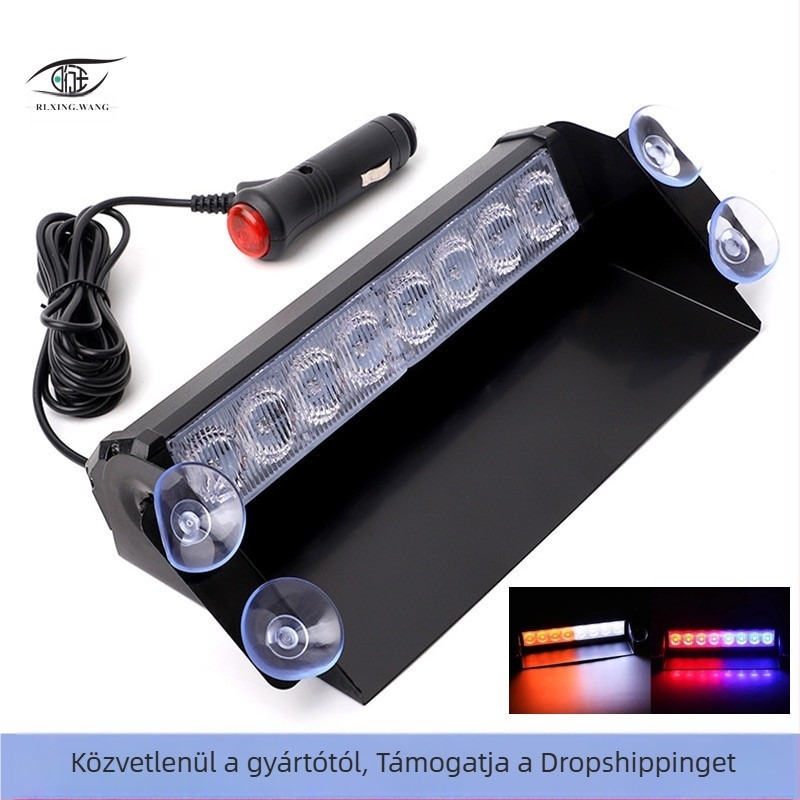 8 LED-es autó jelzőfény ventuzás szélvédőre, piros-kék villogó fény
