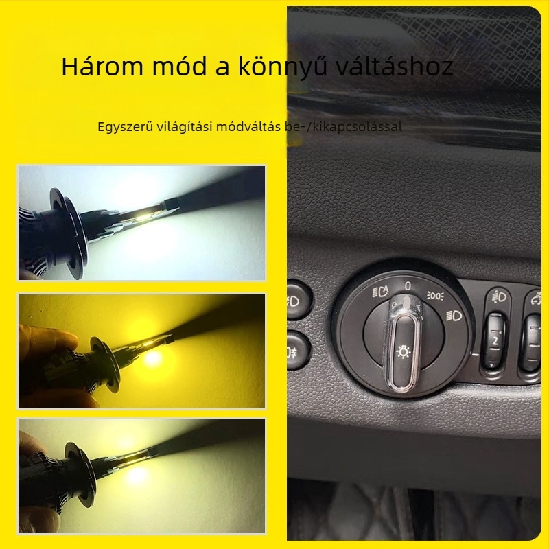 H7 LED autófényszóró lézeres dekóddal, nagy teljesítményű, háromszínű (6000K/4300K/3000K), egyetlen rézcső