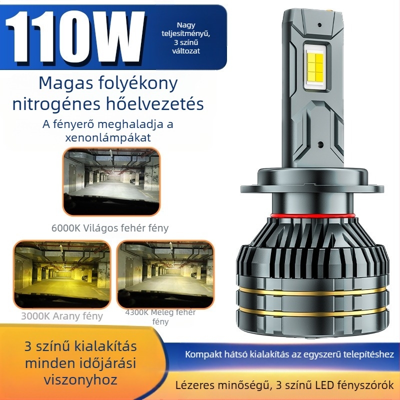 H7 LED autófényszóró lézeres dekóddal, nagy teljesítményű, háromszínű (6000K/4300K/3000K), egyetlen rézcső