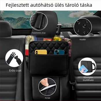 Bőr anyagú autóülés hátsó részéhez való tárolótáska, teleszkópos fogantyúval, testreszabható logóval