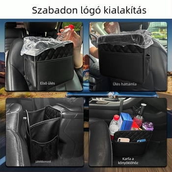 Bőr anyagú autóülés hátsó részéhez való tárolótáska, teleszkópos fogantyúval, testreszabható logóval