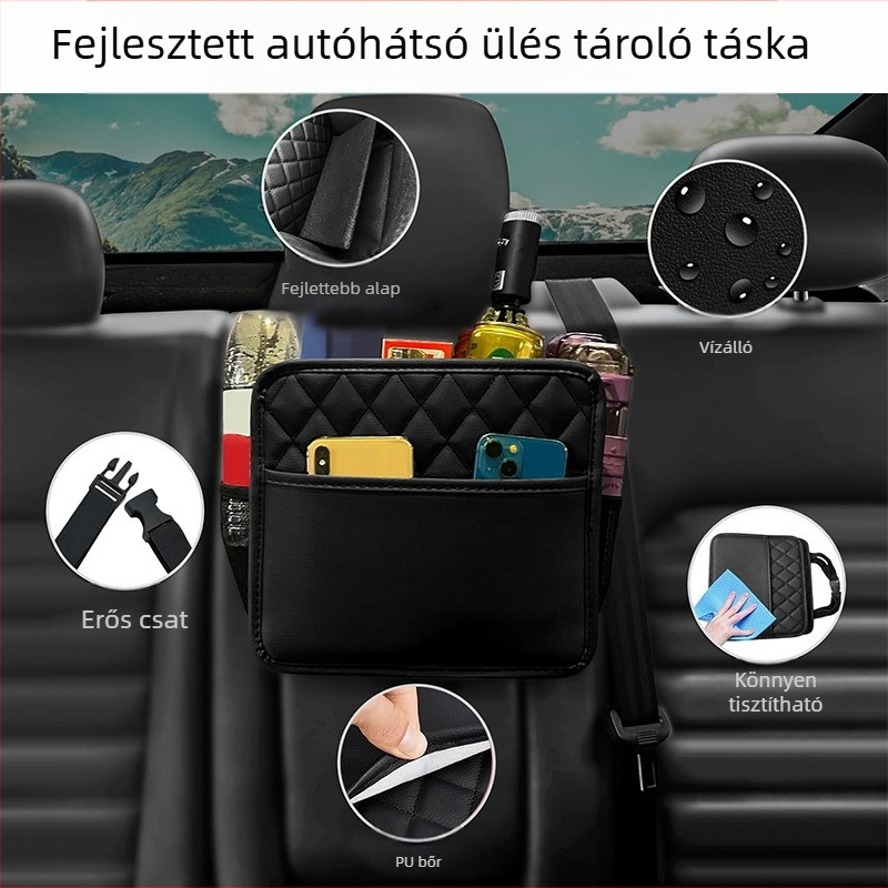 Bőr anyagú autóülés hátsó részéhez való tárolótáska, teleszkópos fogantyúval, testreszabható logóval