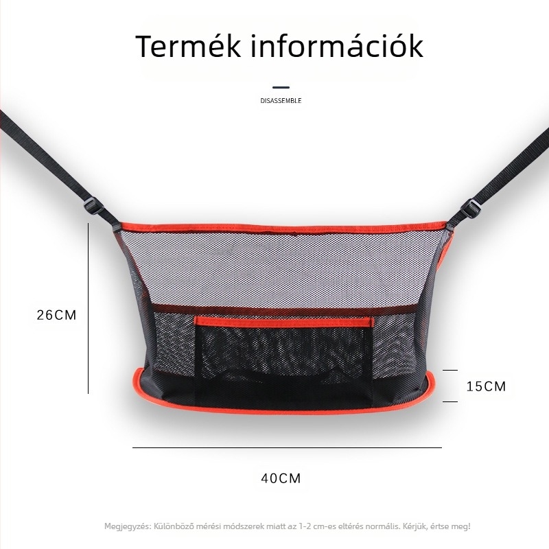 Autóülések közötti tároló háló, hátsó ülésekhez függő organizátor, nem szőtt anyag, középső pozíció, összecsukható, testre szabható