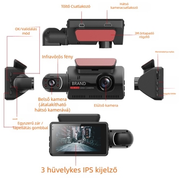 Autós dashcam elől-hátul háromlencsés felvétellel, 1080p, 140° látószög, Wi-Fi