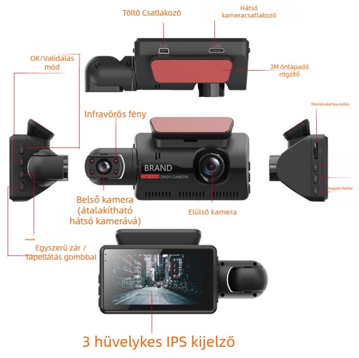 Autós dashcam elől-hátul háromlencsés felvétellel, 1080p, 140° látószög, Wi-Fi