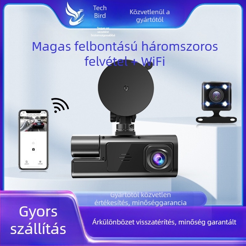 C3 autós dash kamera kettős lencsével, 120° látószög, 720p, Wi‑Fi, ciklikus felvétel, elő- és hátsó felvétel, 2,0 hüvelykes kijelző