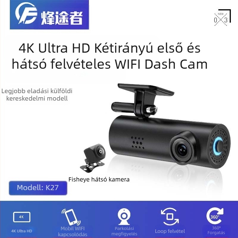 4K autós dashcam WiFi-vel, 170° látószög, 128GB TF-kártya, ciklusos felvétel és parkoló megfigyelés