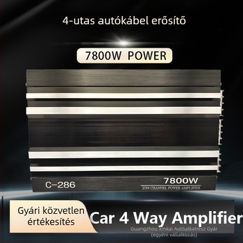 C-286 autóhifi erősítő: bemenet 12V, impedancia 4 Ω, maximális teljesítmény 7800, frekvencia-tartomány 10 Hz–3 kHz