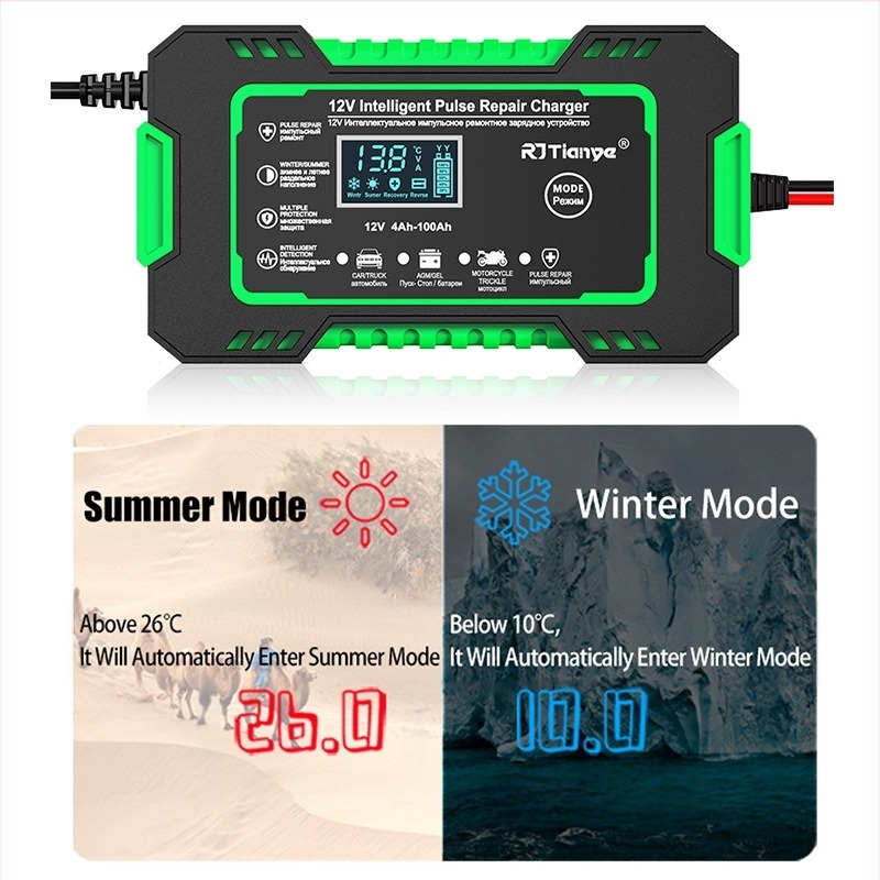 12V 6A akkumulátor töltő motorkerékpárok, SUV-k és autók számára LCD-kijelzővel és impulzusjavítással, bemenet 110-220V, kimenet 13,8-15,5V