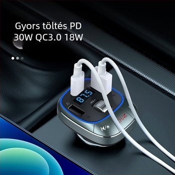 T76 autóba való Bluetooth MP3 lejátszó FM-adóval, USB flash meghajtó lejátszás, PD gyors töltés, 12-24V autós tápegység, 1,3 hüvelykes monokróm kijelző