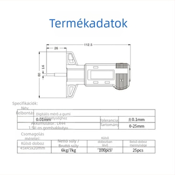Wodilang Digitális Mélységmérő gumiabroncs futófelületéhez, 0-25 mm, Digitális kijelző