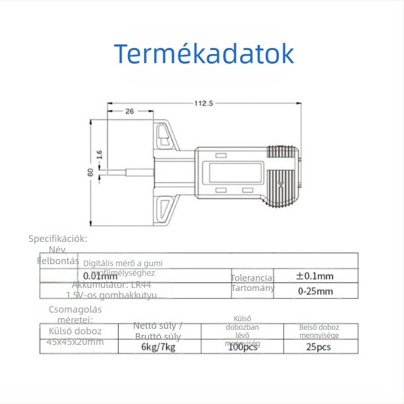 Wodilang Digitális Mélységmérő gumiabroncs futófelületéhez, 0-25 mm, Digitális kijelző