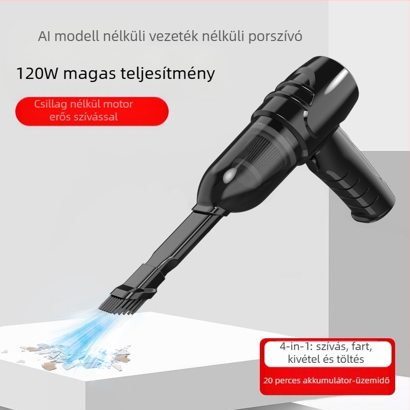 Kézi, vezeték nélküli porszívó autóhoz és otthonra brushless motorral; 7.4V/12V, 90W, 9000Pa, töltés, 350 cm kábel