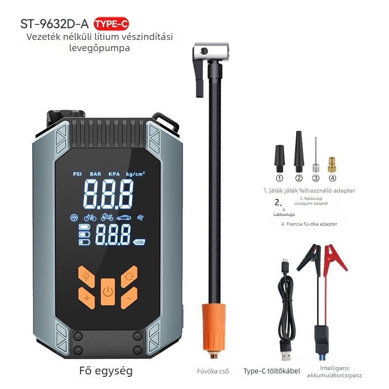 Autóindító beépített légpumpával és USB töltéssel, 14,8 V, 8 A, 30 L/min, Type-C bemenet