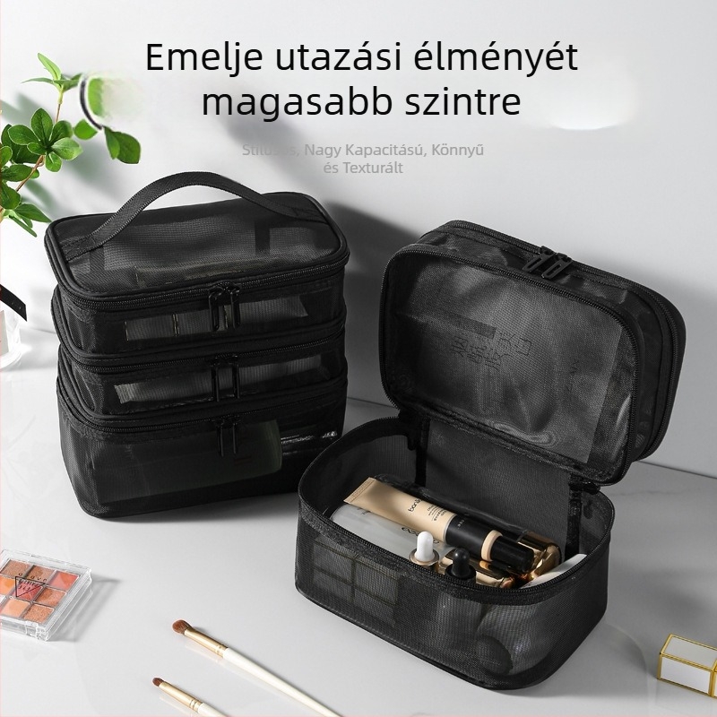 Hálós sminktáska háromrétegű kialakítással, nagy kapacitású, dupla tároló, hordozható utazási szervező, légáteresztő nylonból