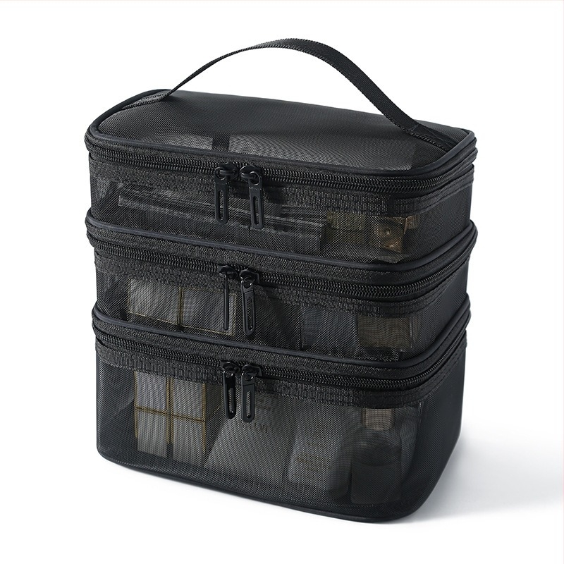 Hálós sminktáska háromrétegű kialakítással, nagy kapacitású, dupla tároló, hordozható utazási szervező, légáteresztő nylonból